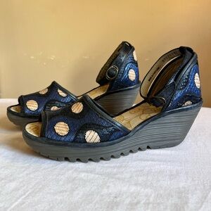 FLY London Yeji Sandals Blue Tan Geometric Wedge Peep Toe Size 39 US 8.5
